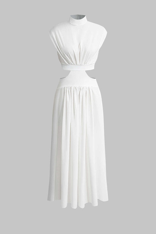 Mock Neck Cut Out Pleated Maxi Dress 