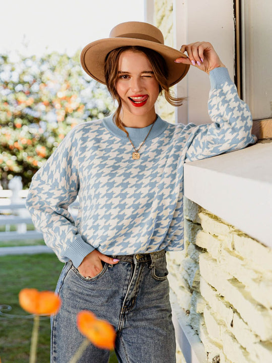 Houndstooth Ribbed Trim Sweater | Long Sleeve | Casual Dropped Shoulder Sweater