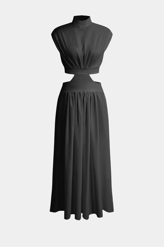 Mock Neck Cut Out Pleated Maxi Dress 