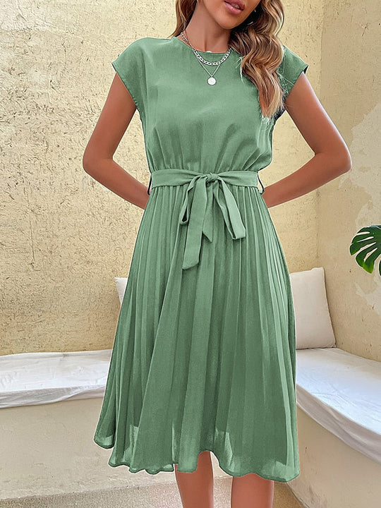 Pleated Dress with Belt and Short Sleeves