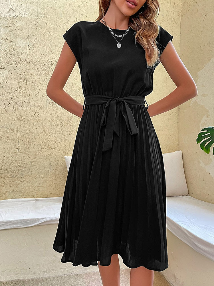 Pleated Dress with Belt and Short Sleeves