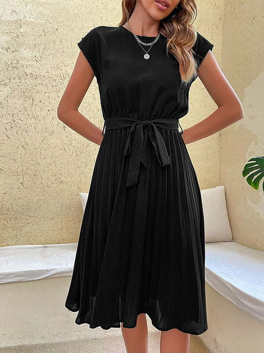 Pleated Dress with Belt and Short Sleeves
