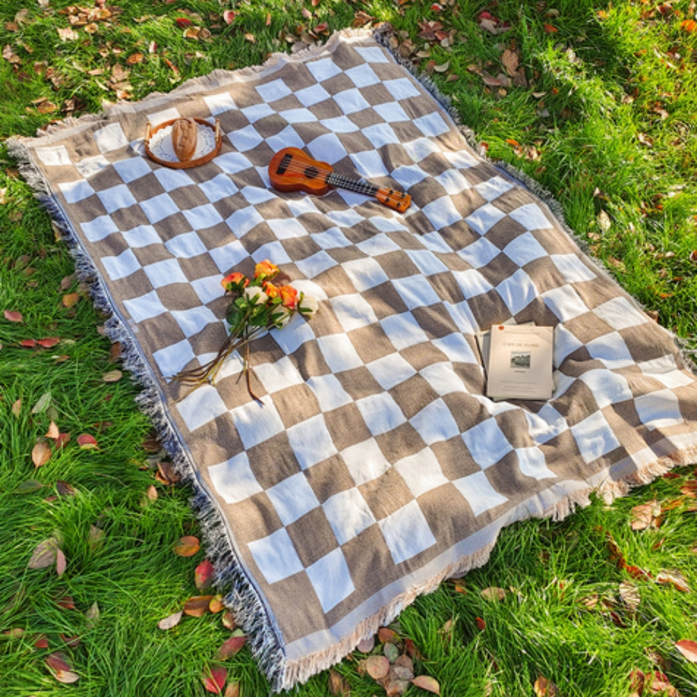 Gecontroleerde Picknickdeken 130x180 cm met Franje | Zacht Microfiber Breiwerk | Lichtgewicht All-Seizoen Deken | Binnen- en Buiten Gebruik