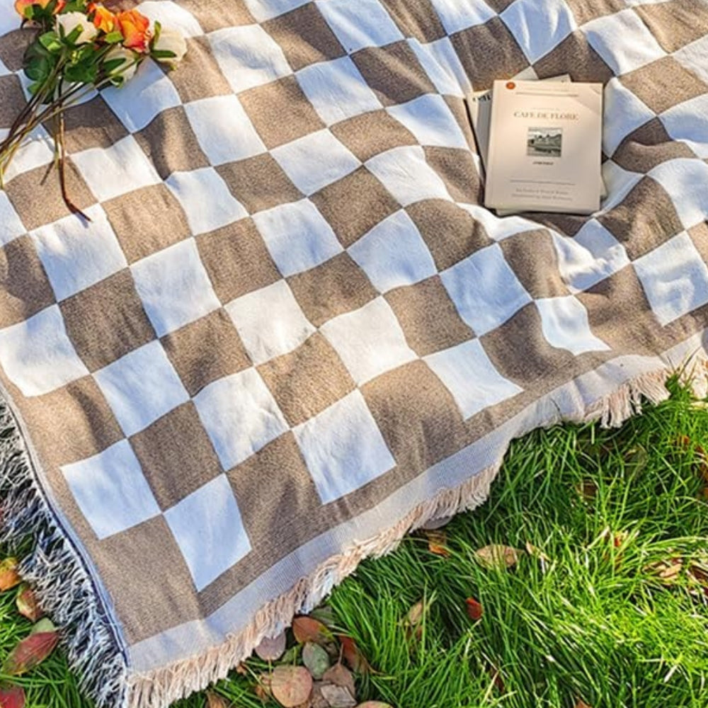 Gecontroleerde Picknickdeken 130x180 cm met Franje | Zacht Microfiber Breiwerk | Lichtgewicht All-Seizoen Deken | Binnen- en Buiten Gebruik