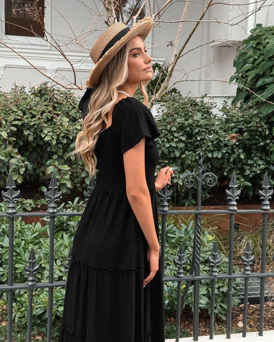 Zwarte Midi Jurk | V-Hals | Ruches Rok | Elastische Schouders | Ontspannen Pasvorm