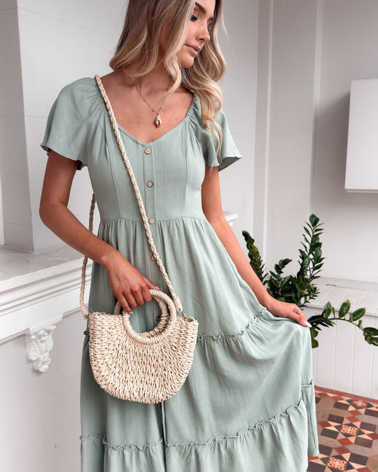 Midi Lengte | Jurk | Salie | V-Hals | Ruches Rok | Elastische Schouders | Relaxte Pasvorm