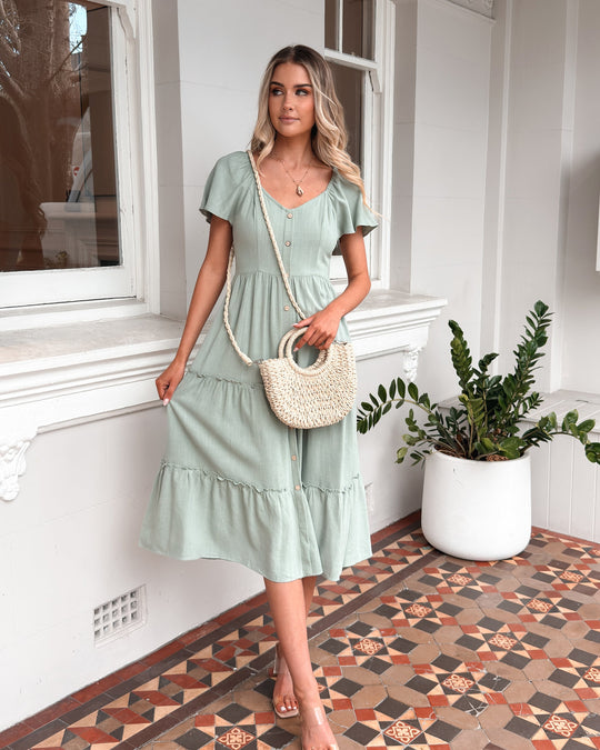 Midi Lengte | Jurk | Salie | V-Hals | Ruches Rok | Elastische Schouders | Relaxte Pasvorm