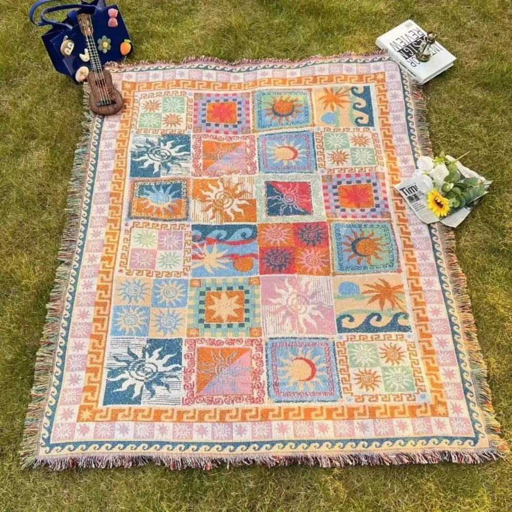 Outdoor Picnic Blanket with Fringes | Thick Durable Microfiber Blend | Soft Knitted Design | Beach Camping Travel Use