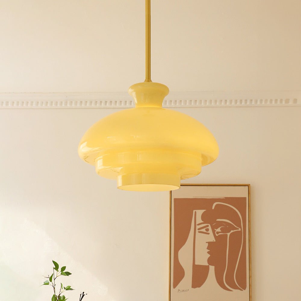 Bauhaus pendant lamp made of cream yellow glass