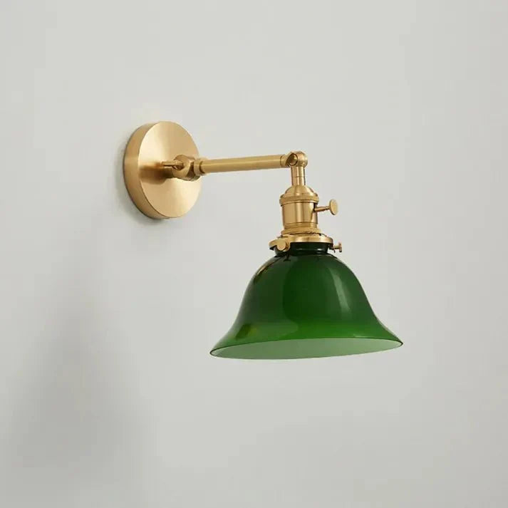 Vintage Adjustable Green Glass Wall Lamp | Brass Fixture with Articulating Arm | E27 Lighting | Classic Interior Wall Light