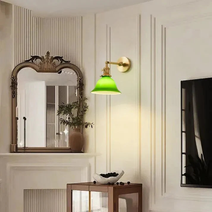 Vintage Adjustable Green Glass Wall Lamp | Brass Fixture with Articulating Arm | E27 Lighting | Classic Interior Wall Light