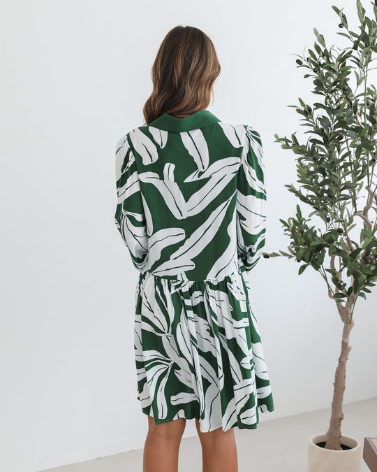 Mini Lengte | Dames | Eilynne Jurk | Groene Print | Overhemdkraag | Lange Mouwen
