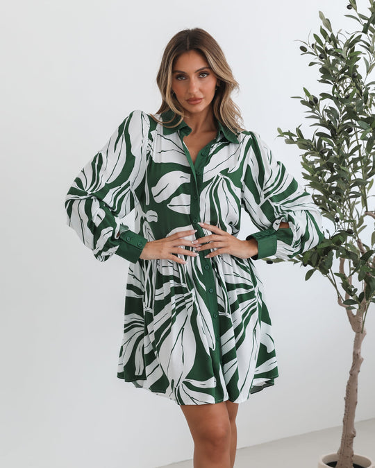 Mini Lengte | Dames | Eilynne Jurk | Groene Print | Overhemdkraag | Lange Mouwen