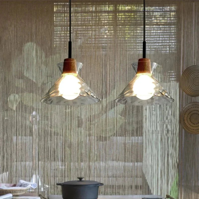 Ripple Glass Pendant Lamp Japanese Minimalist | E27 Dimmable LED | Textured Glass Hanging Light | Modern Wood Accent Lighting
