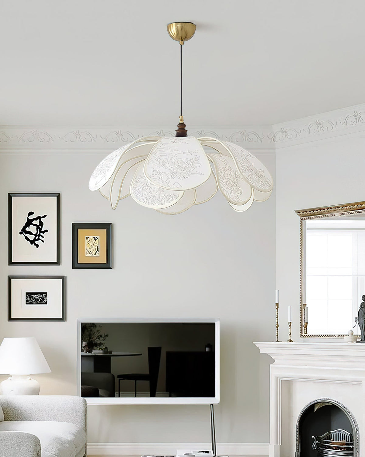 Floral Pendant Lamp Modern Fabric & Wood Ceiling Light | Soft Ambient Glow | E26 E27 Socket | Living Room & Dining Lighting