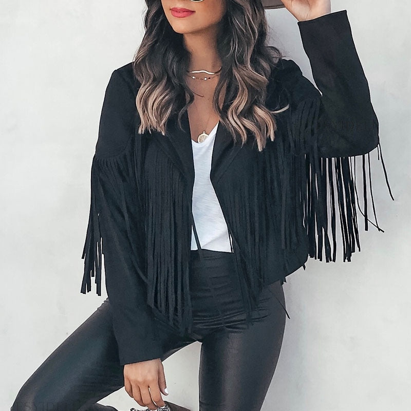 Women's Suede Fringe Jacket - Western Style Fringe Jacket in Soft Faux Leather