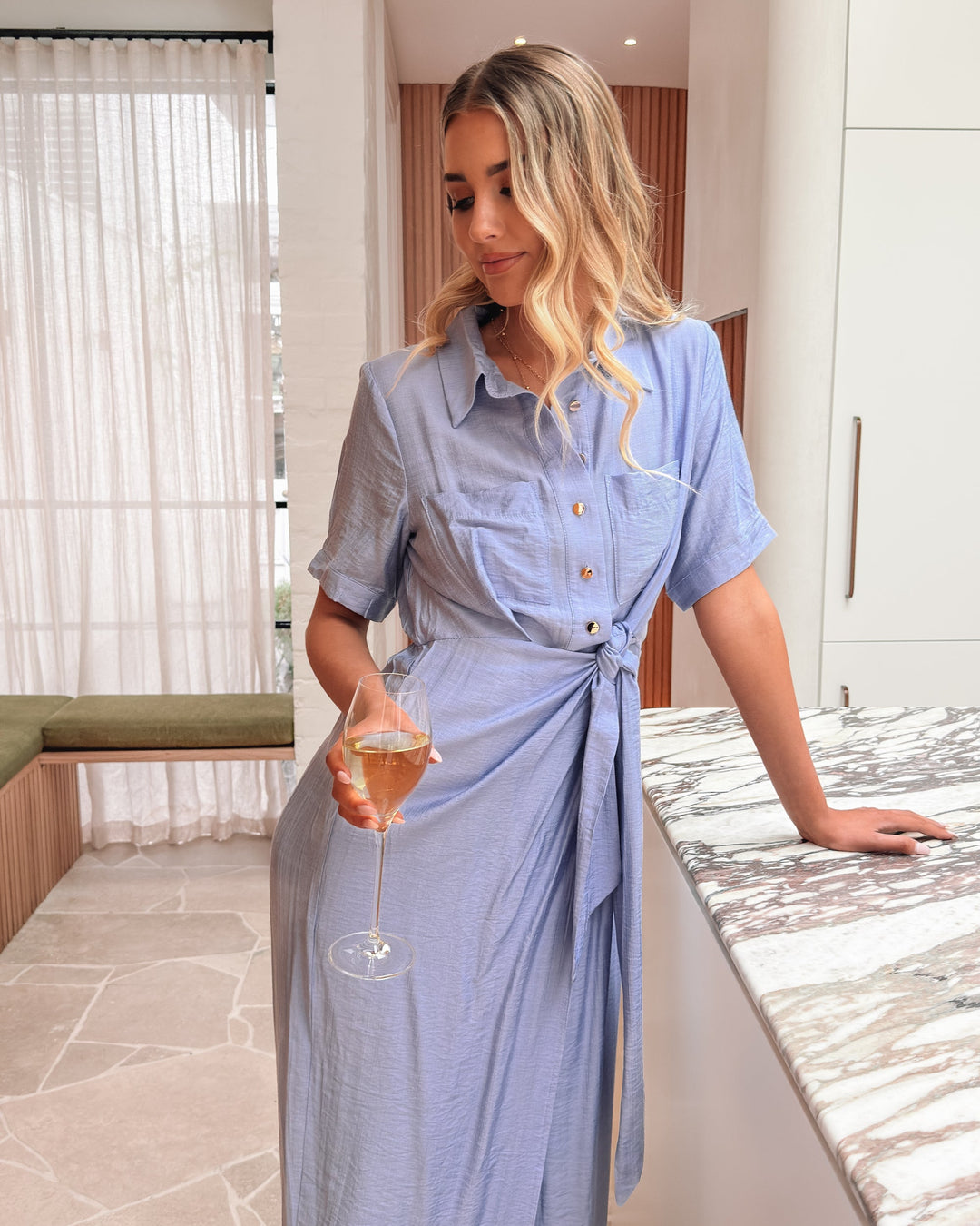 Women's | Midaxi Dress | Shirt Collar | Short Sleeves | Waistband | A-line Skirt | Stylish