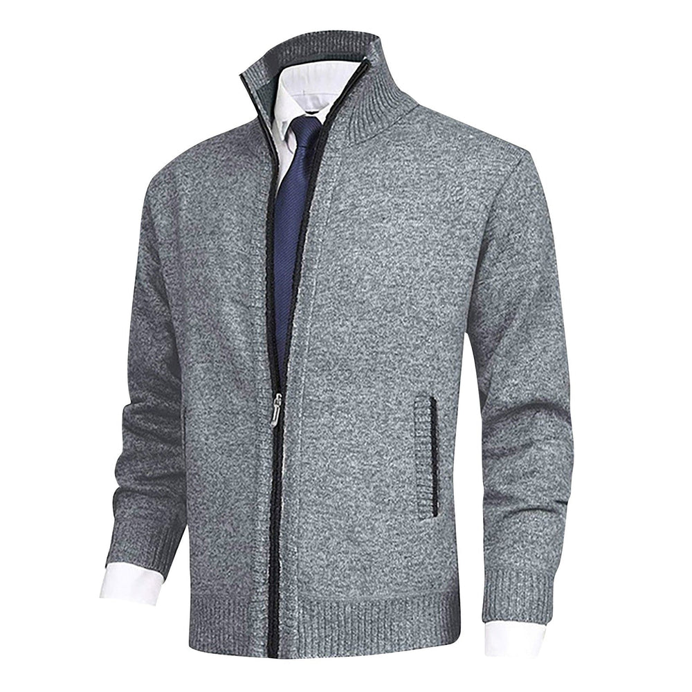Men's Zip-Up Cardigan with Stand Collar and Ribbed Hem Details