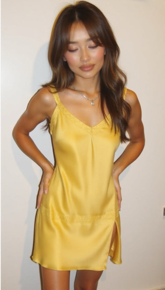 Women's Mini Dress | Yellow | Satin Look | V-Neck