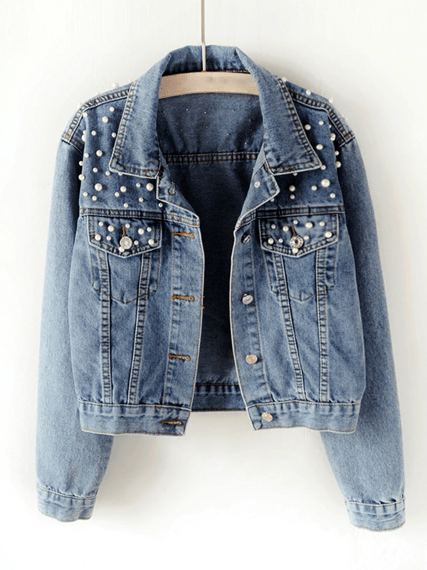 Oversized Denim Jacket with Rhinestone Beads and Lapel Collar | Casual and Modern