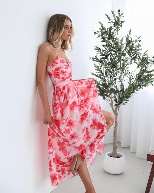 Hartvormige Halslijn | Dames | Jayendra Jurk | Bloemig | Roze | Bandjes | Maxi Lengte