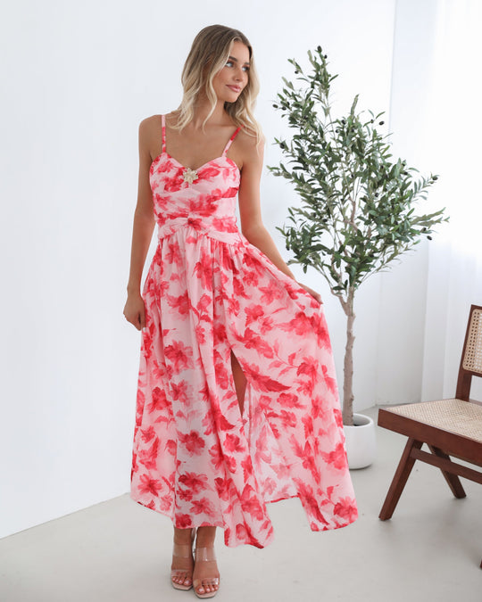 Hartvormige Halslijn | Dames | Jayendra Jurk | Bloemig | Roze | Bandjes | Maxi Lengte