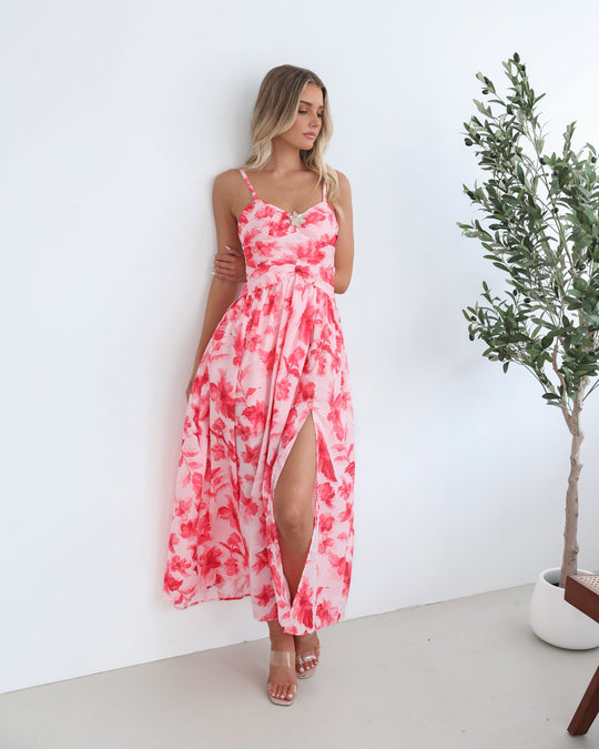 Hartvormige Halslijn | Dames | Jayendra Jurk | Bloemig | Roze | Bandjes | Maxi Lengte