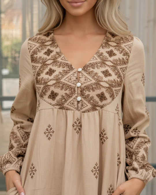 Vrouw | Jurk | V-Hals | Knopen | Lange Bisschopsmouwen | Relaxed Fit | Knie Lengte | Print