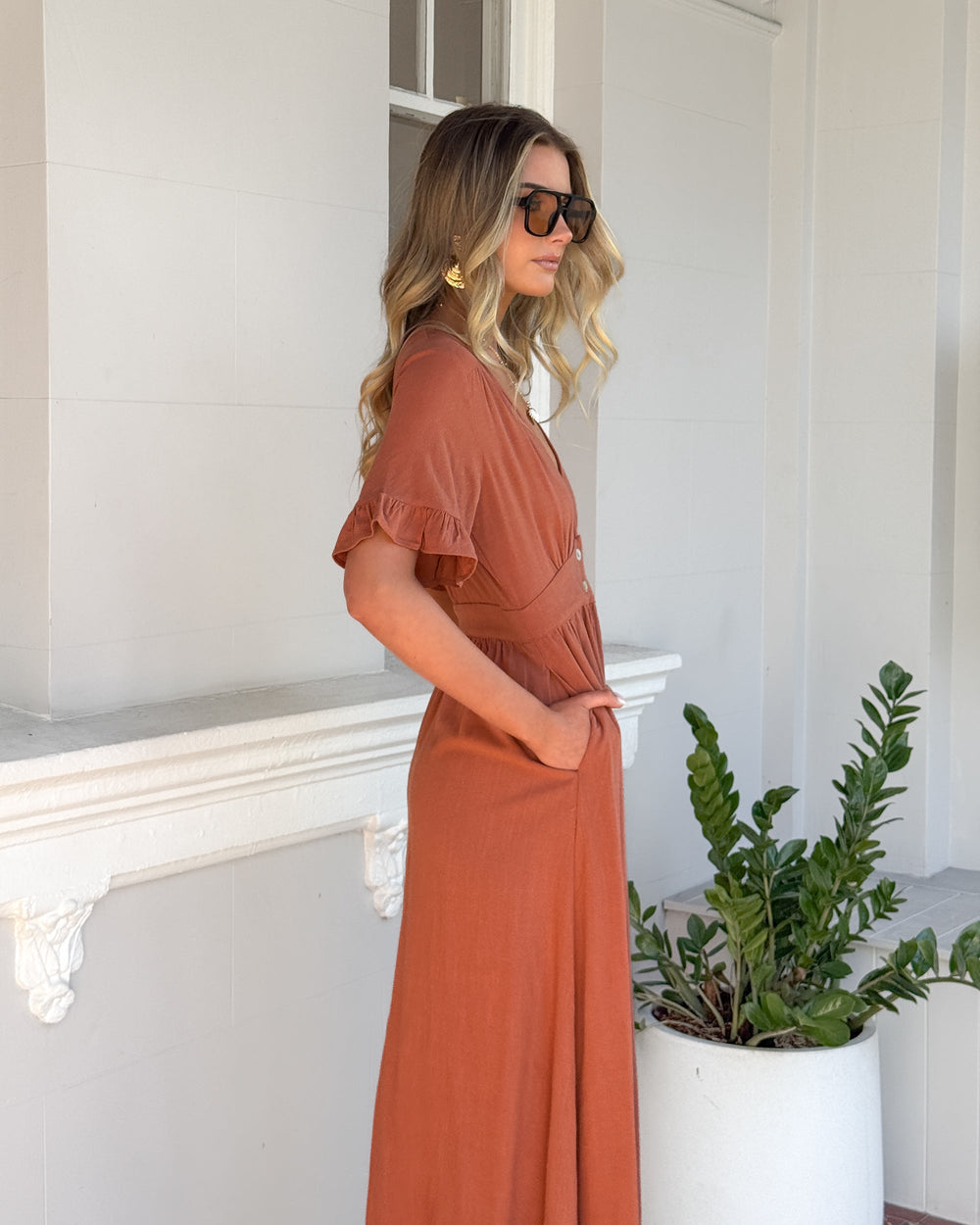 Roest | Midi Jurk | V-Hals | Franje Mouwen | Relaxte Pasvorm | Knoopdetails | Zomer