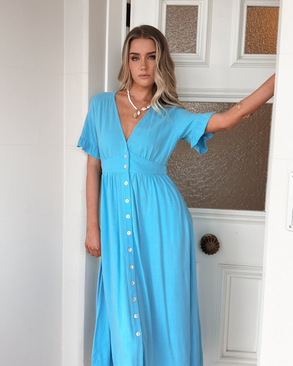 Midi Jurk | Luchtblauw | V-Hals | Franje Mouwen | Relaxte Pasvorm | Knoopdetails | Zomer