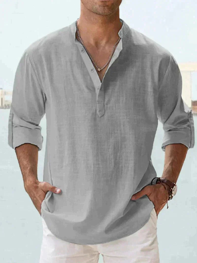 Short-Sleeved Shirt with Mandarin Collar and Half Buttons for Men | Ideal for Summer