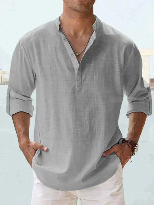 Short-Sleeved Shirt with Mandarin Collar and Half Buttons for Men | Ideal for Summer