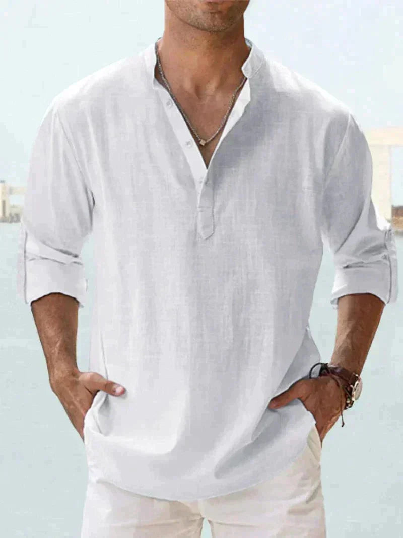 Short-Sleeved Shirt with Mandarin Collar and Half Buttons for Men | Ideal for Summer