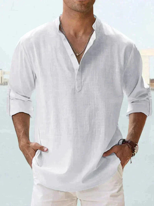 Short-Sleeved Shirt with Mandarin Collar and Half Buttons for Men | Ideal for Summer