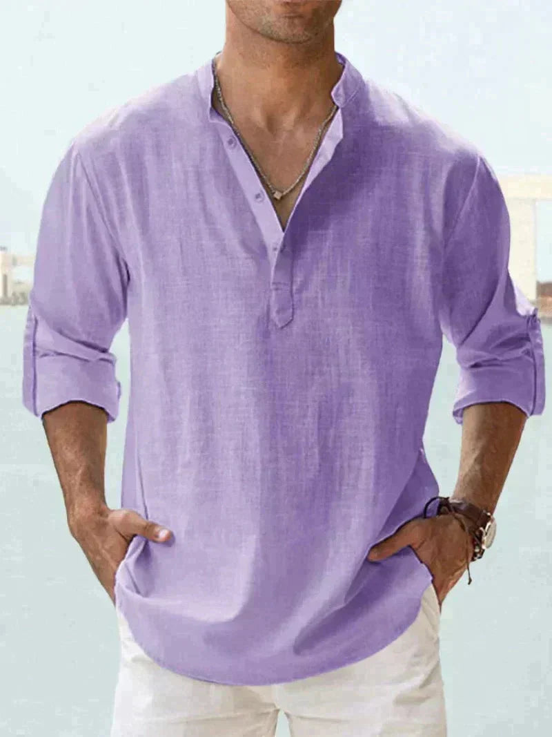 Short-Sleeved Shirt with Mandarin Collar and Half Buttons for Men | Ideal for Summer