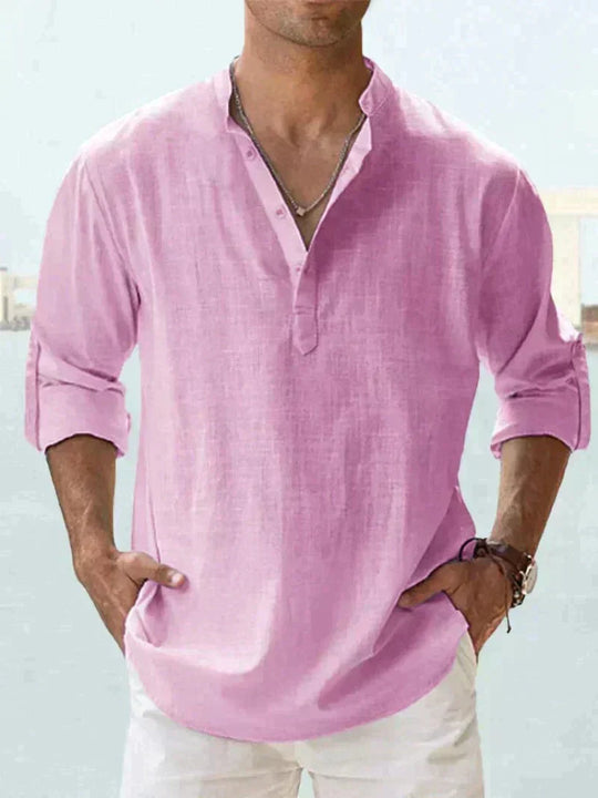 Short-Sleeved Shirt with Mandarin Collar and Half Buttons for Men | Ideal for Summer