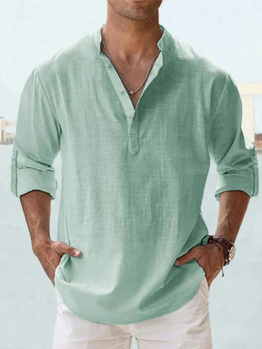 Short-Sleeved Shirt with Mandarin Collar and Half Buttons for Men | Ideal for Summer