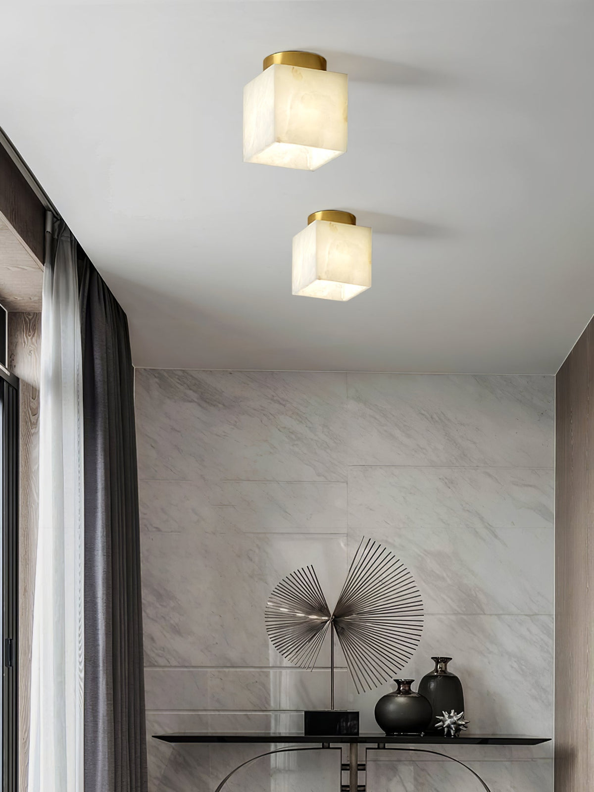 Modern Moon Alabaster Ceiling Lamp LED | Brass Round Flush Mount Light | 3 Color Temperature Indoor Ceiling Fixture Ø15cm