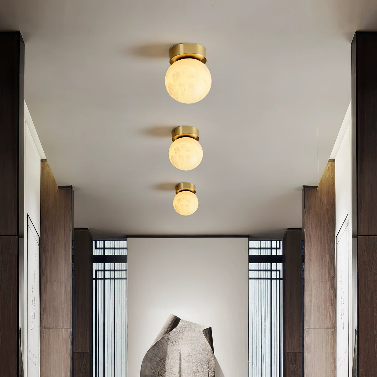 Modern Moon Alabaster Ceiling Lamp LED | Brass Round Flush Mount Light | 3 Color Temperature Indoor Ceiling Fixture Ø15cm