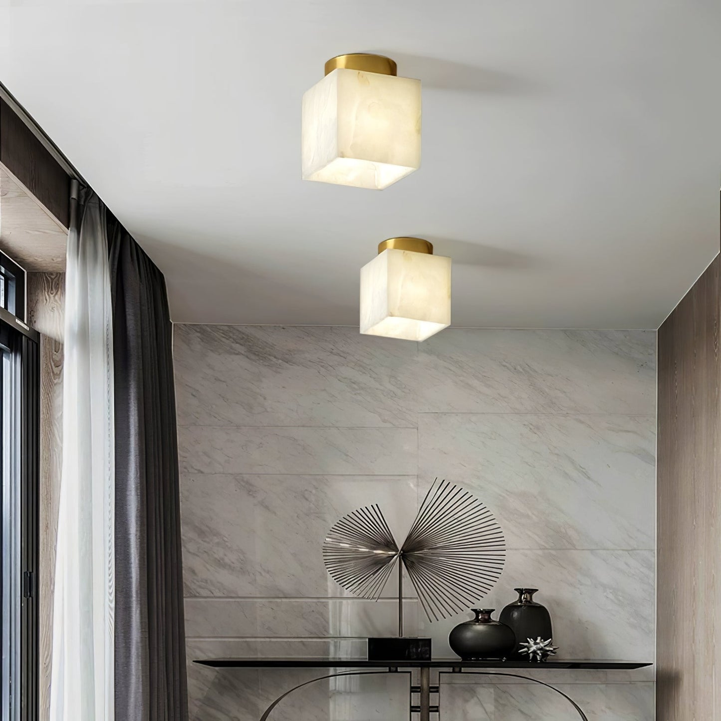 Modern Moon Alabaster Ceiling Lamp LED | Brass Round Flush Mount Light | 3 Color Temperature Indoor Ceiling Fixture Ø15cm