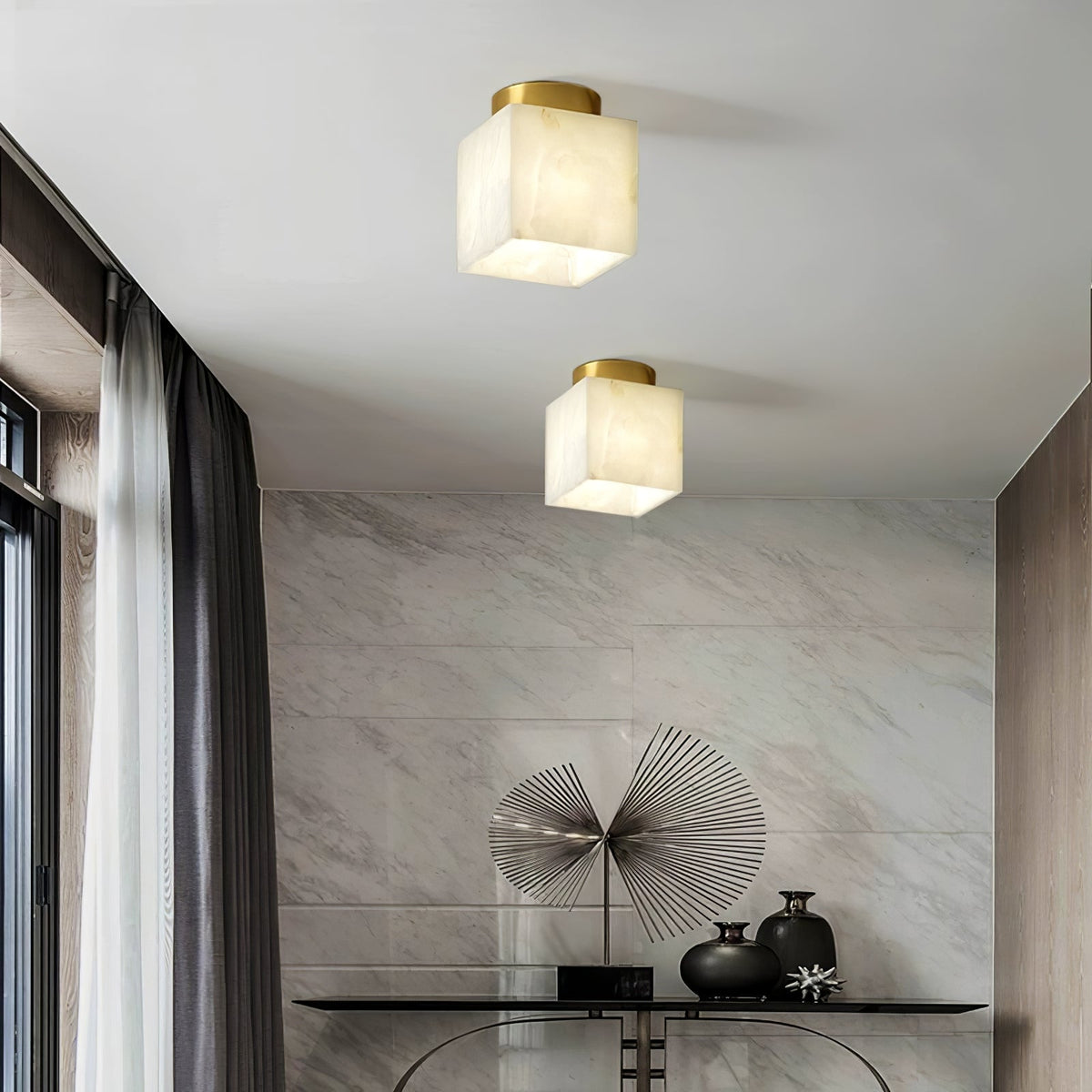 Modern Moon Alabaster Ceiling Lamp LED | Brass Round Flush Mount Light | 3 Color Temperature Indoor Ceiling Fixture Ø15cm