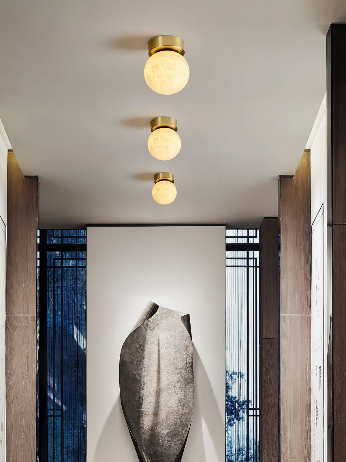 Modern Moon Alabaster Ceiling Lamp LED | Brass Round Flush Mount Light | 3 Color Temperature Indoor Ceiling Fixture Ø15cm