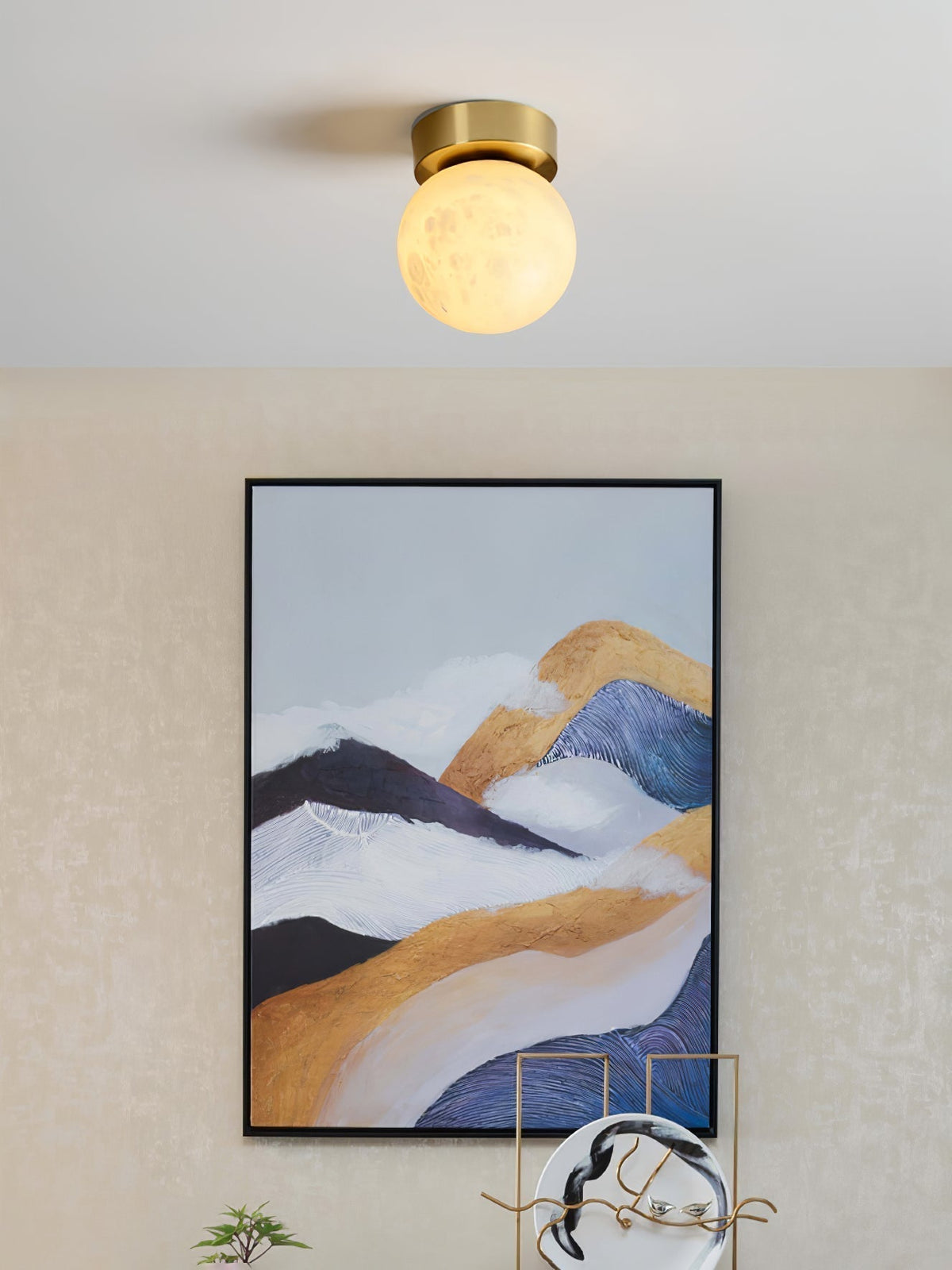 Modern Moon Alabaster Ceiling Lamp LED | Brass Round Flush Mount Light | 3 Color Temperature Indoor Ceiling Fixture Ø15cm