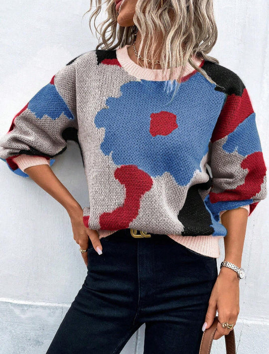 Women's Knitted Sweater with Pattern, Round Neck and Balloon Sleeves