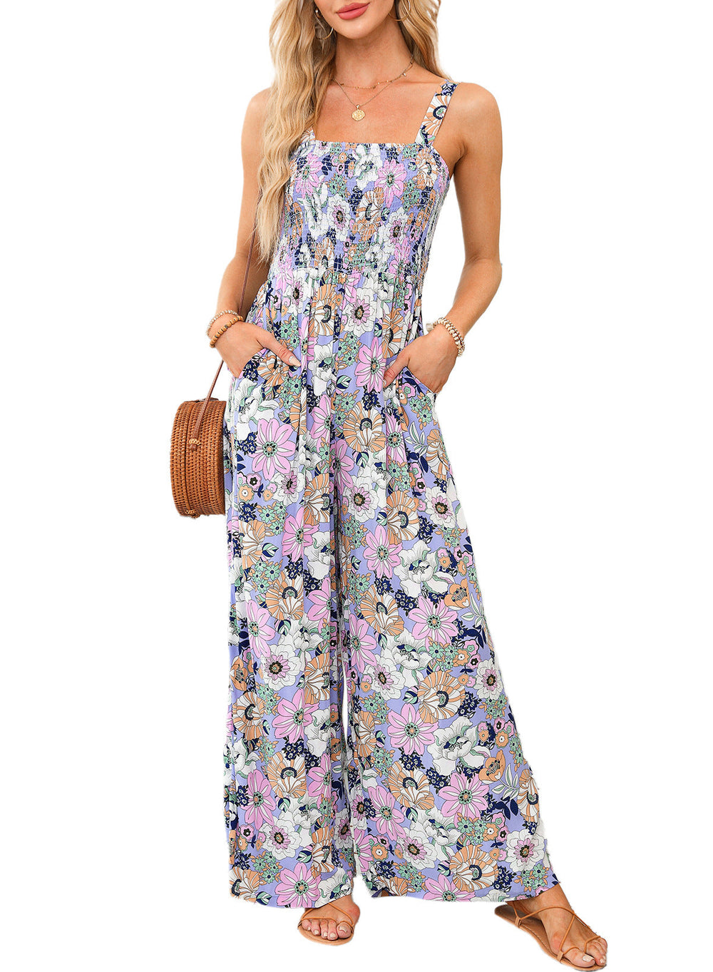 Women's Floral Wide-Leg Jumpsuit with Ruffled Top and Pockets