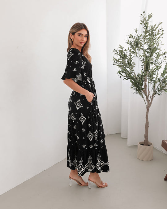 Dames | Ortensia Jurk | Zwart Print | V-Hals | Korte Flodder Mouwen | Midi Lengte