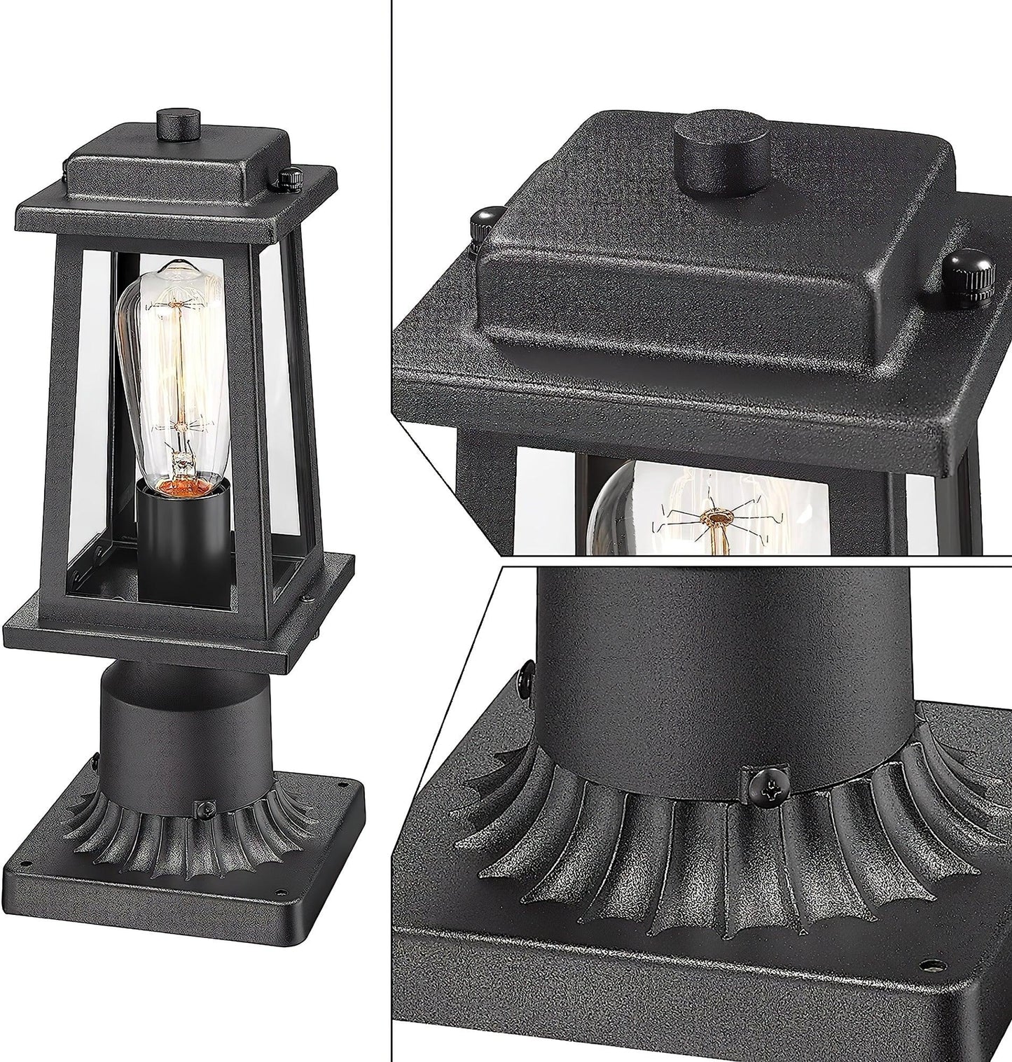 Outdoor Lantern Post Light Black Metal Glass Garden Lamp | E26/E27 Base | IP44 Weather Resistant | Classic Exterior Lighting