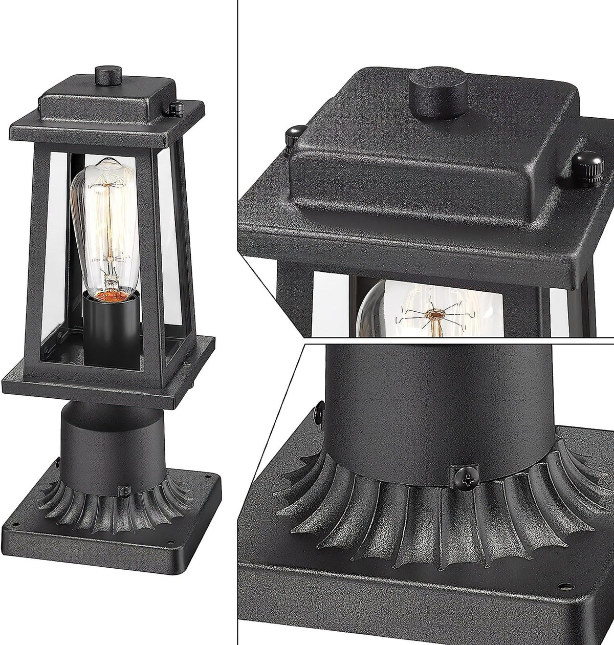 Outdoor Lantern Post Light Black Metal Glass Garden Lamp | E26/E27 Base | IP44 Weather Resistant | Classic Exterior Lighting