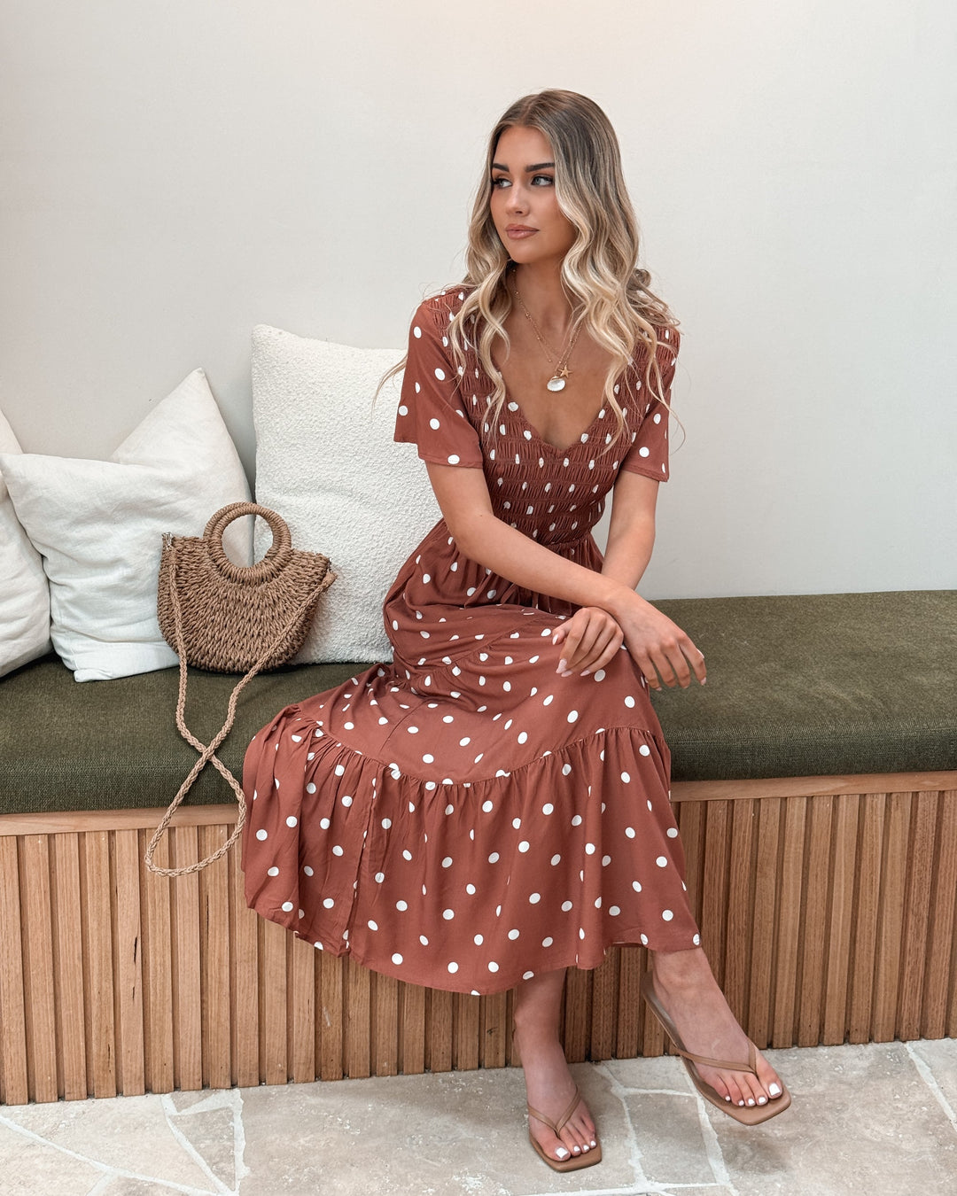 Women's | Midaxi Dress | V-neck | Flutter Sleeves | Smock Bustier | Waistband | Layered Skirt