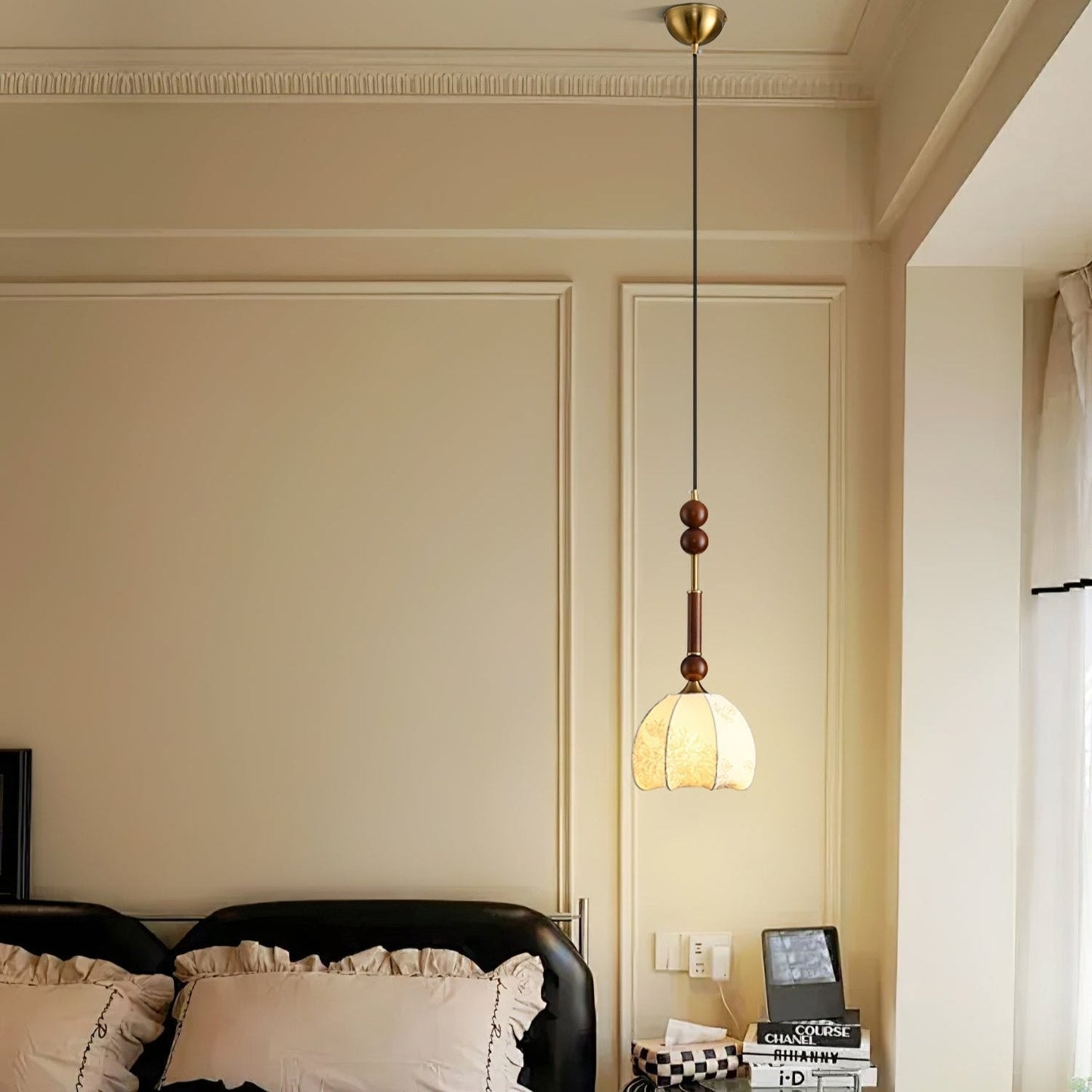 Roma Pendant Lamp Vintage European Ceiling Light | Wood Brass Glass Fabric Design | E26 E27 Compatible | Dining Living Room Lighting